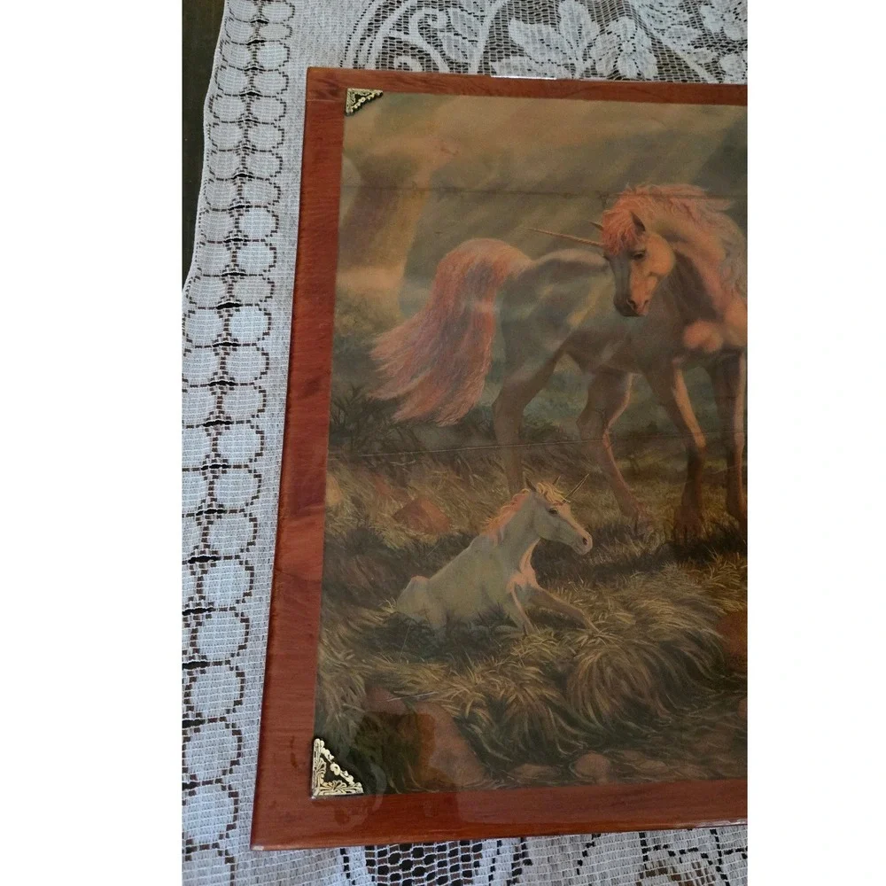 Vintage Unicorn Wood Plaque Wall Art Fantasy Mythical Mother & Baby 16x20 80s
